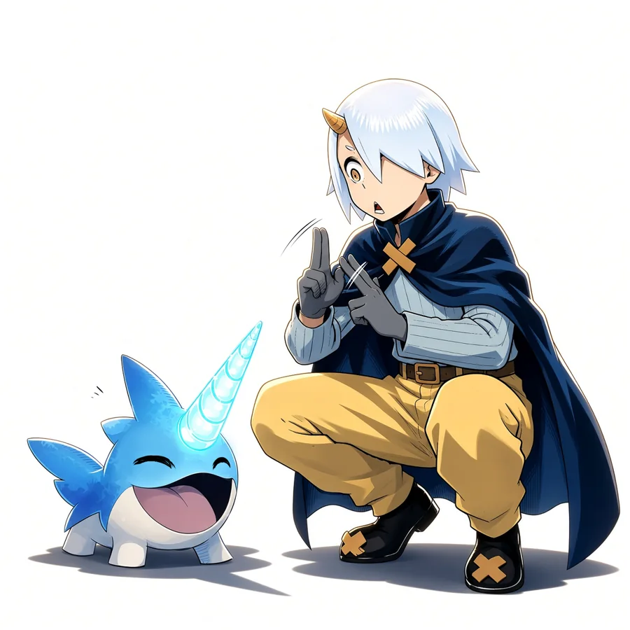 The white-haired prince Hake kneels beside a small blue magical creature.
