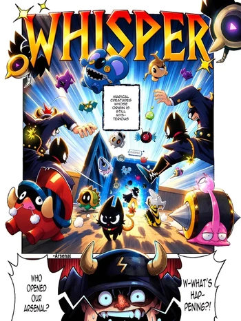 A colourful manga panel filled with the magical creatures of Whisper.