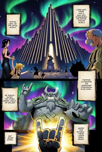 An English manga page showing a tower beneath a colourful sky and the magic of Upland.