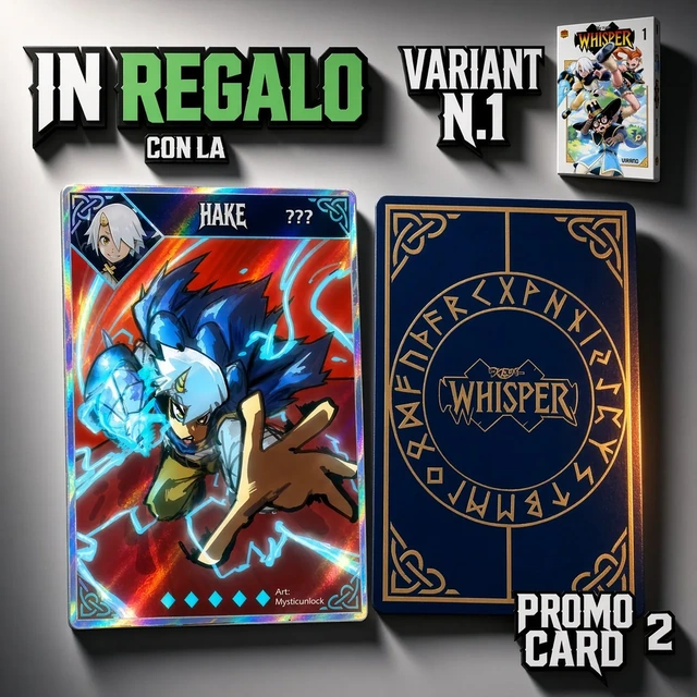Hake promo card and the navy and gold Whisper card reverse.