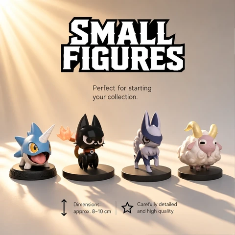 Preview of four small Whisper figures: a blue horned companion, black and purple creatures, and a pink sheep.
