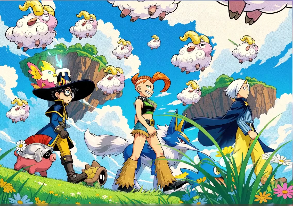 Hake and his companions among magical creatures and floating islands in the bright world of Upland.
